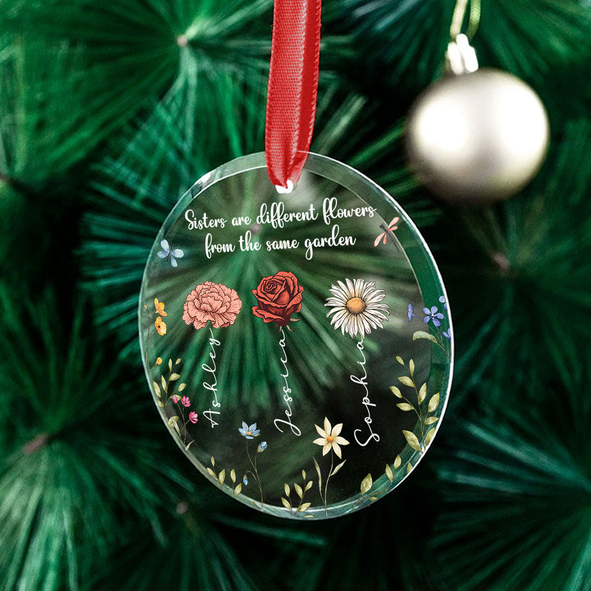 Sisters Are Different Flowers From The Same Garden Personalized Glass Ornament, Christmas Gift For Sisters, Siblings, Besties