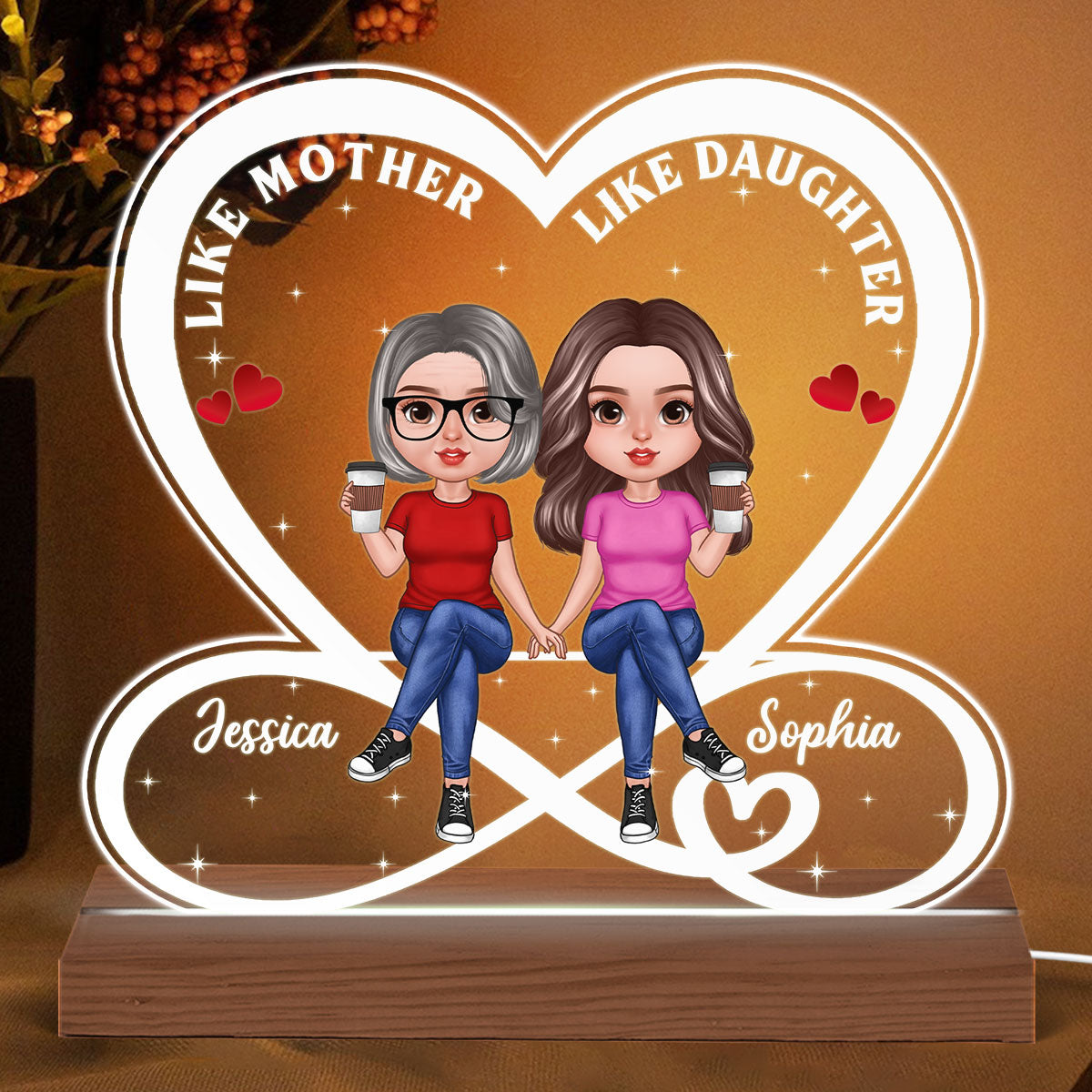 Realistic Doll Mother Daughter Infinity Heart Personalized Acrylic Custom Shape LED Night Light