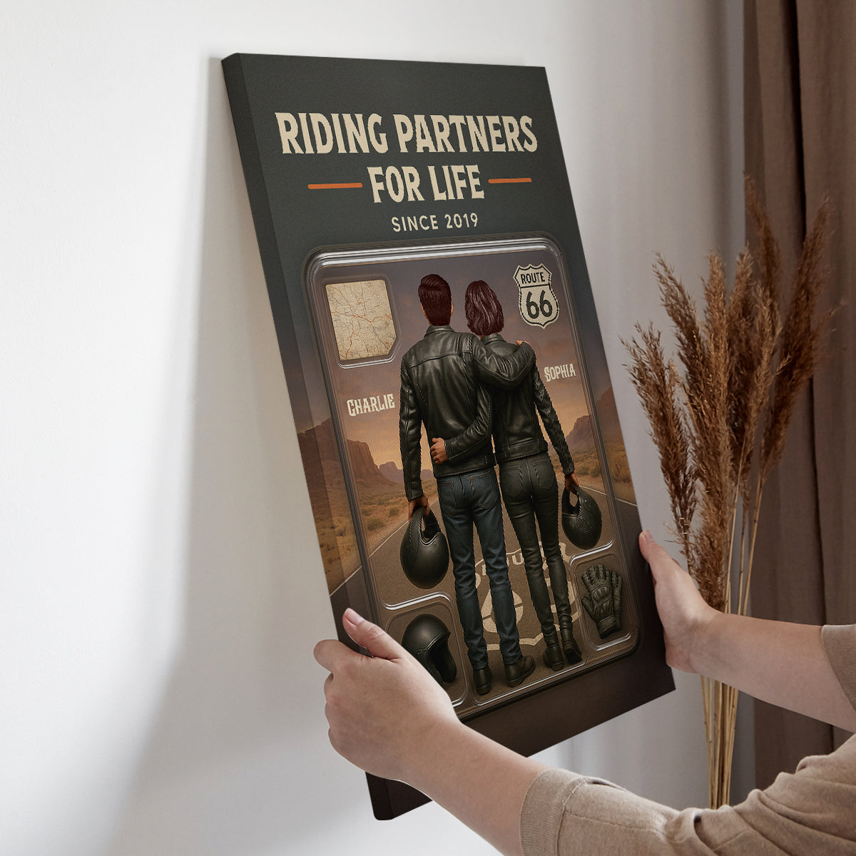 3D Effect Custom Figure Couple Bikers Riding Partners For Life Personalized Wrapped Canvas