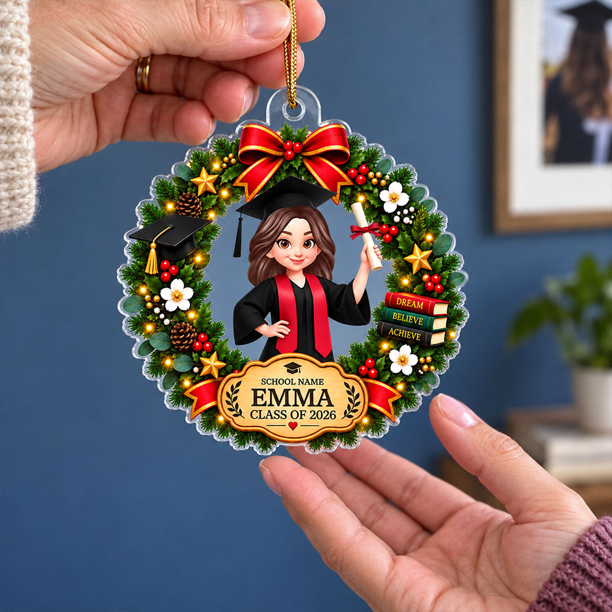 Senior Graduation Wreath 2D Flat - Personalized Acrylic Ornament - Class of 2026 Keepsake, High School Graduate Gift