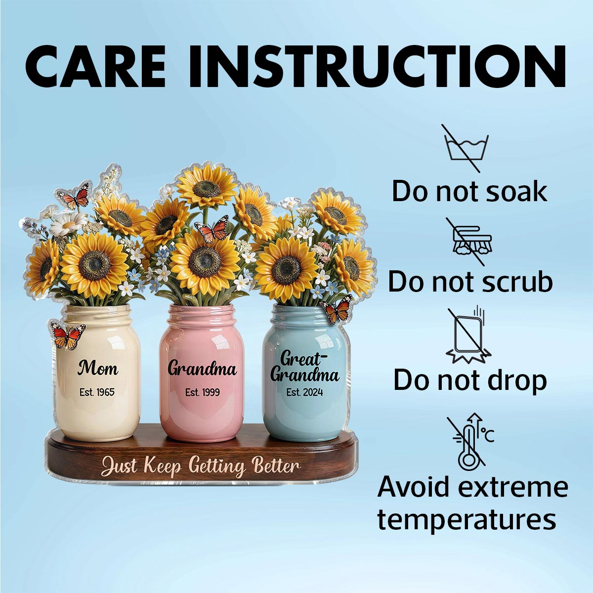 Mom Grandma Great Grandma Sunflowers Jars Est. Years 2D Flat - Personalized Acrylic Block Plaque
