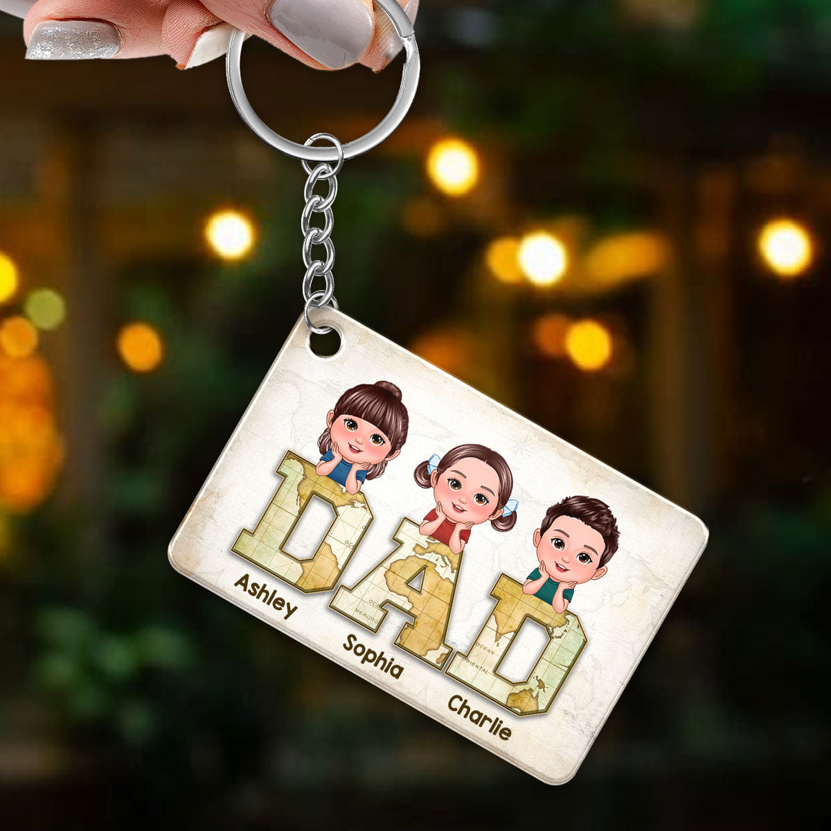 Pretty Doll Kids On Dad World Map Text Personalized Acrylic Keychain