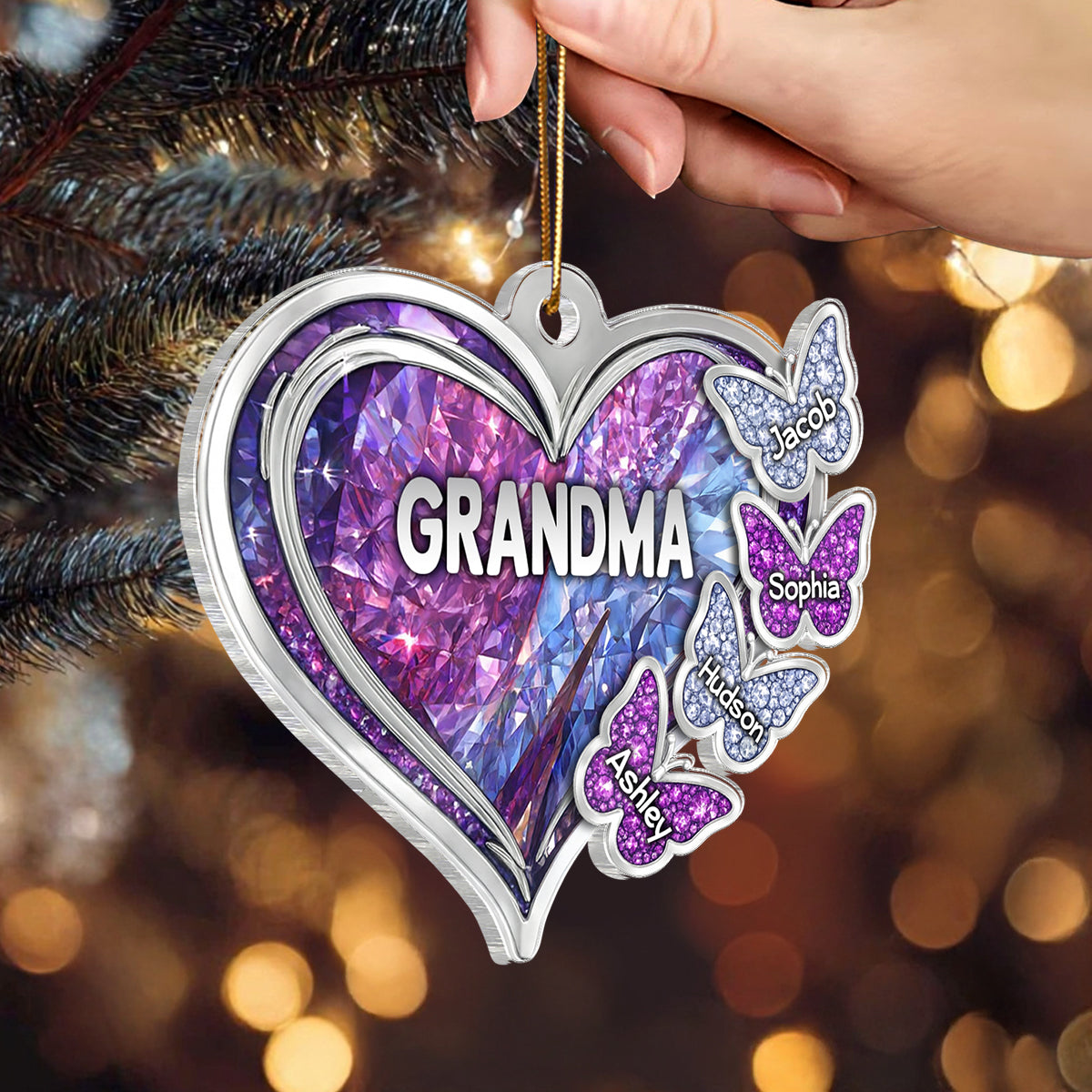 Grandma Butterfly with Grandkids Names 3D Crystal Effect - Personalized Acrylic Ornament - Christmas Gift for Grandma