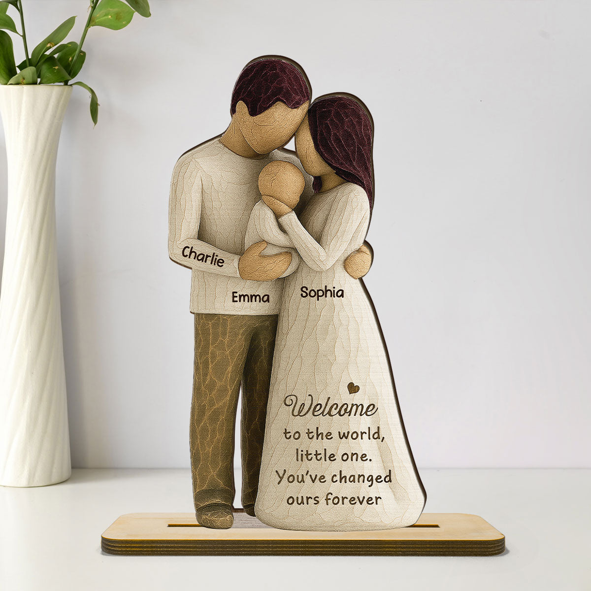 Welcome To The World First Time Parents Couple & Baby 3D Effect Personalized Standing Wooden Plaque, Gift For First Time Parents