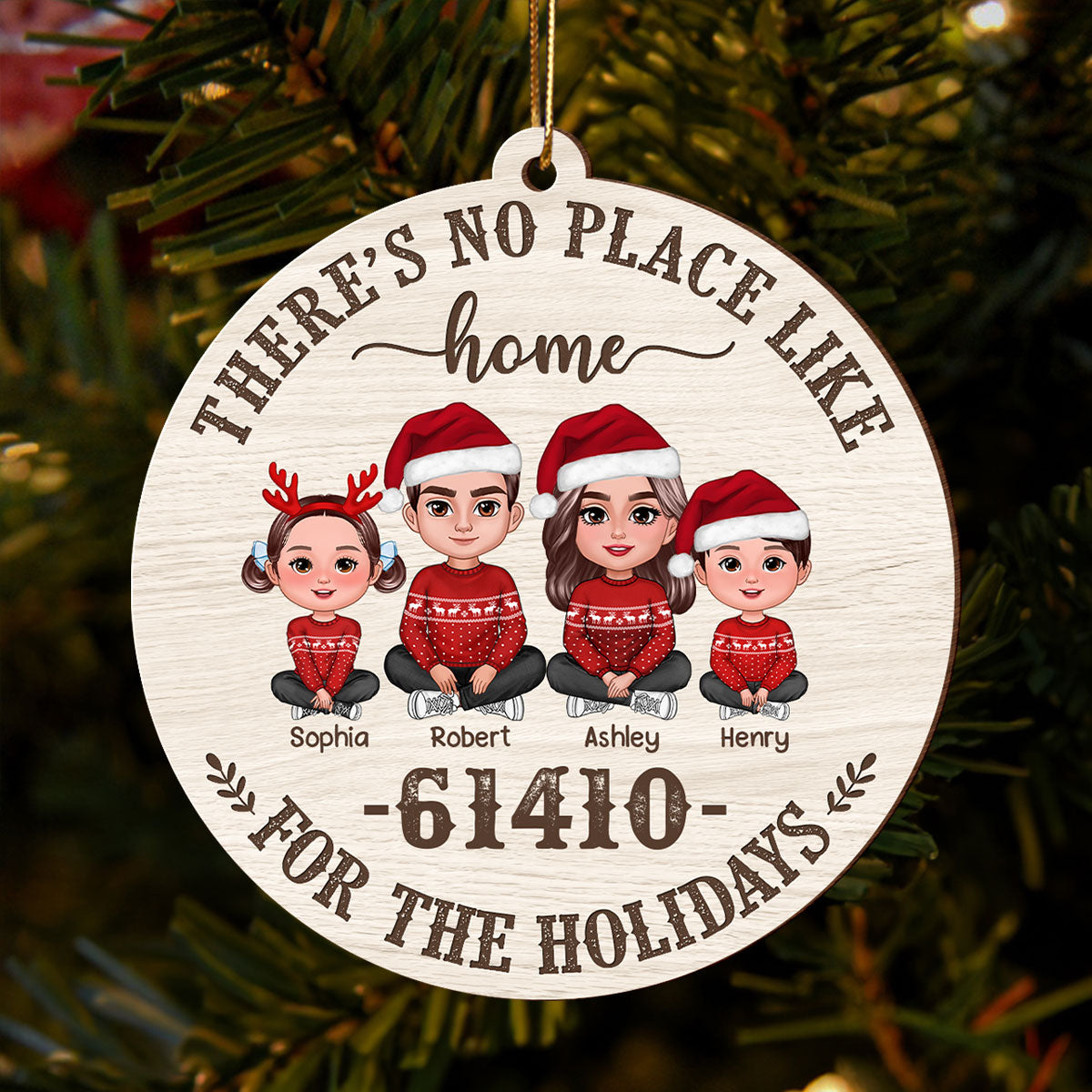 No Place Like Home Zip Code Doll Family Personalized Wooden Ornament, Christmas gift for Family