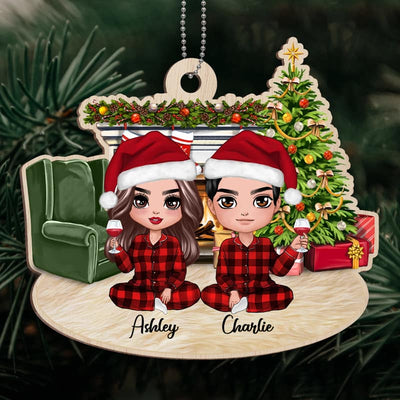 Pajamas Doll Couple Sitting At Fireplace Personalized Wooden Ornament