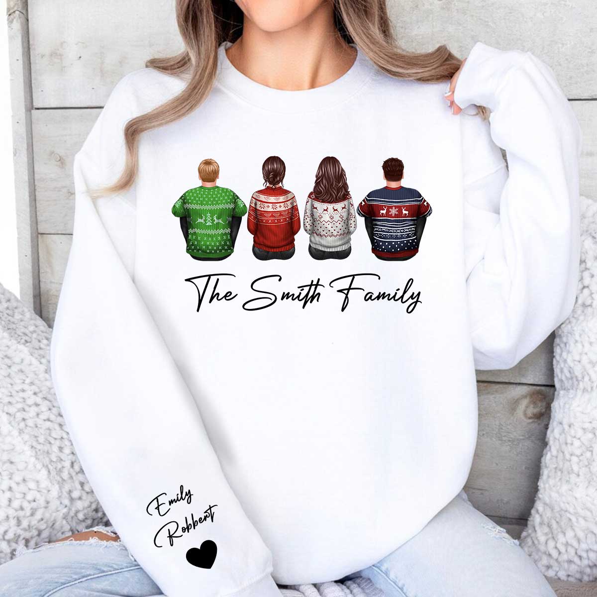 Family Sitting Back View Christmas Personalized Sleeve Printed Sweatshirt