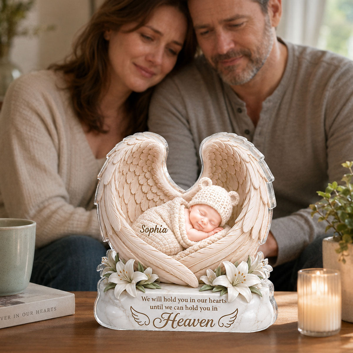 We Will Hold you in Our Hearts - Personalized Acrylic Block Plaque - Custom Infant Loss Gift, Miscarriage Baby Awareness Keepsake