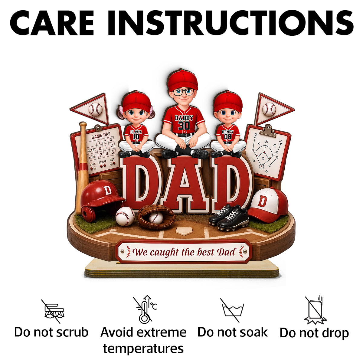 Baseball Dad Kids We Caught The Best Dad - Personalized 2-Layered Wooden Plaque - Father's Day Gift For Dad, Husband
