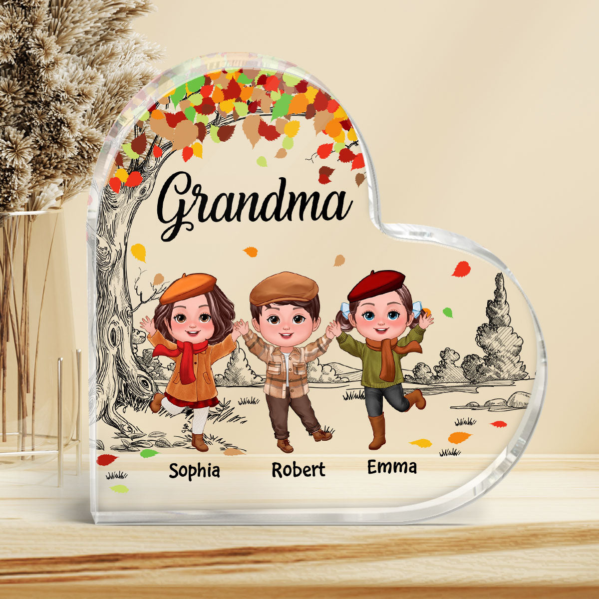 Happy Doll Kids Under Colored Fall Tree Personalized Heart Acrylic Plaque