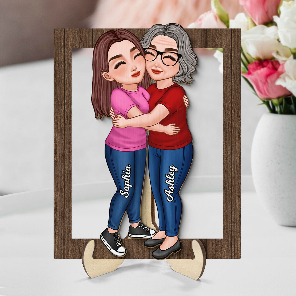 Mom Hugging Daughter Son By Custom Occupation Firefighter, Nurse, Police Officer Personalized Wooden Plaque