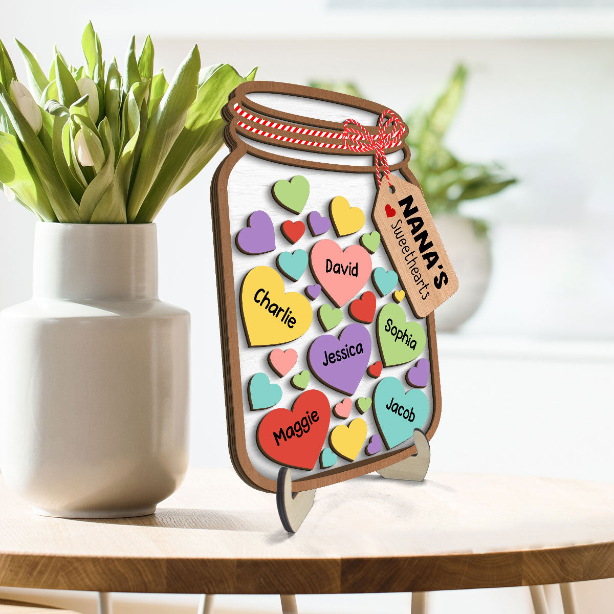 Grandma Mom Colorful Sweethearts Mason Jar Personalized 2-layer Wooden Plaque