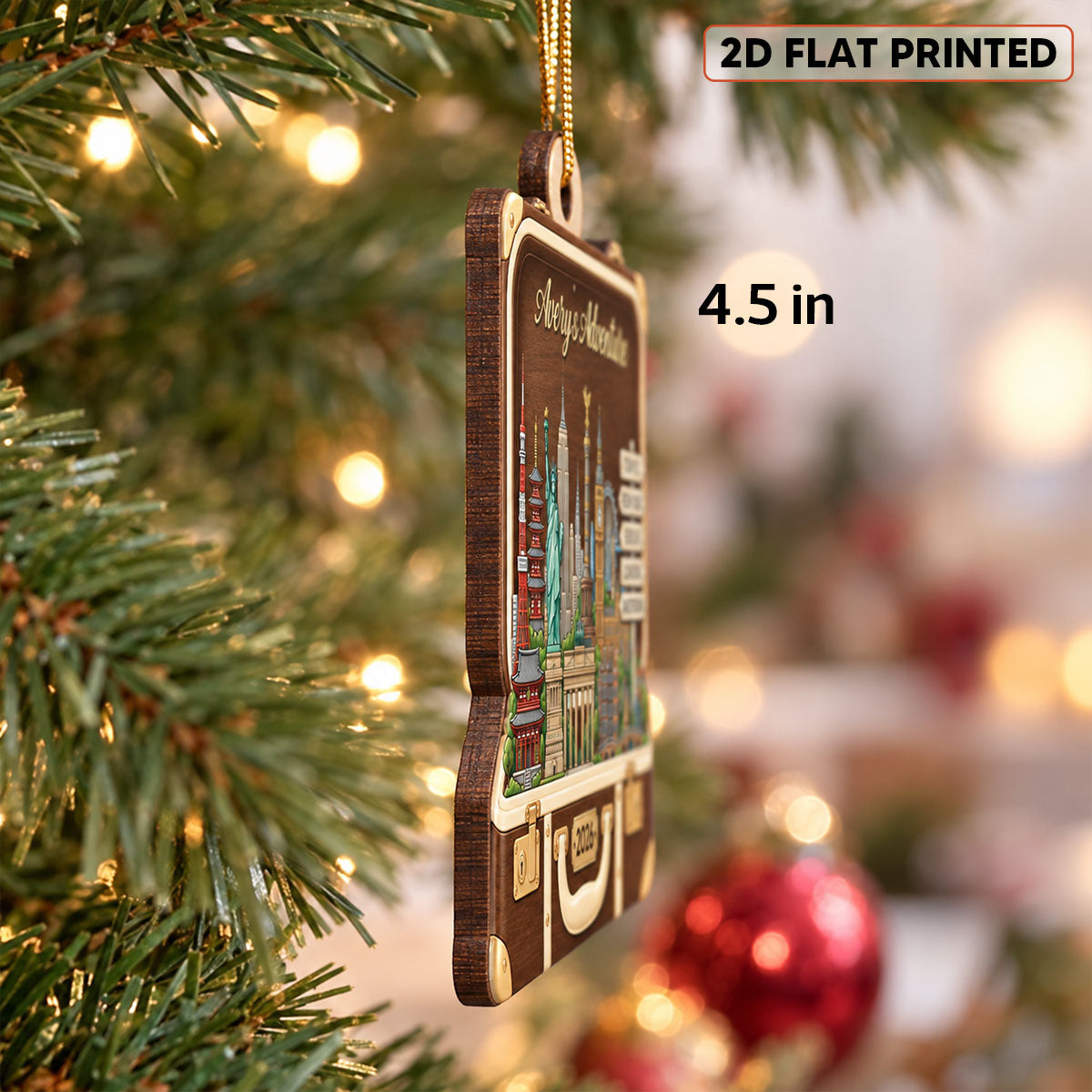 Custom Travel Adventure Suitcase 2D Flat Printed - Personalized Wooden Ornament - Traveling Destination Keepsake, Christmas Gift For Traveling Lovers