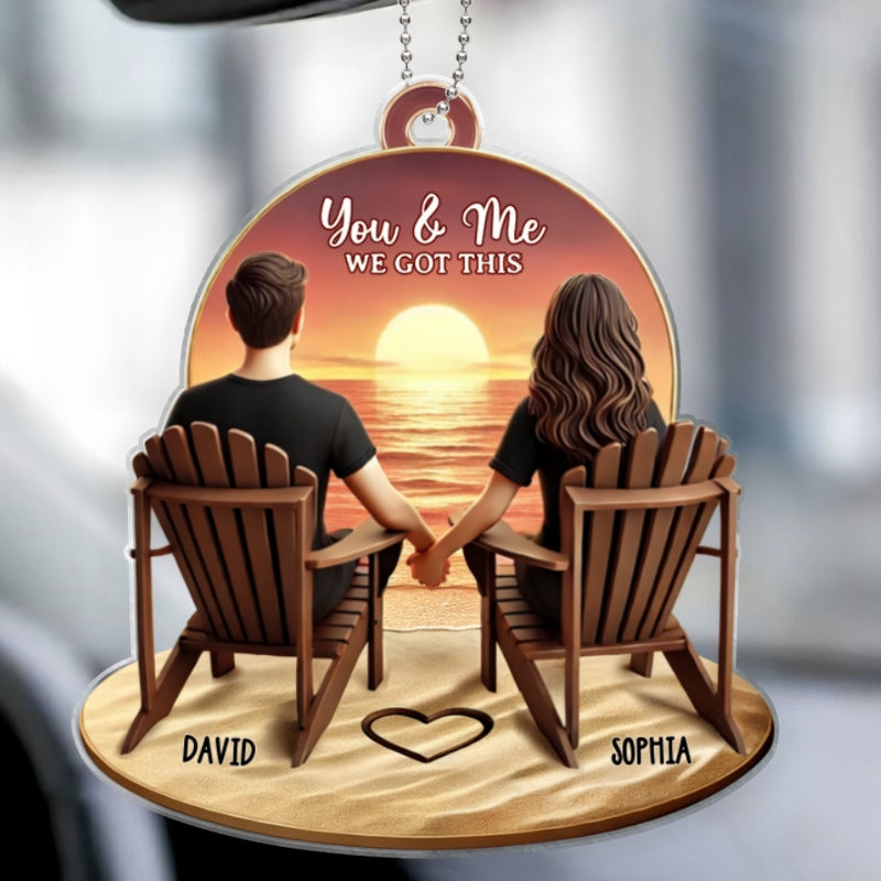3D Effect Couple Beach Landscape Retro Vintage Personalized Car Hanger, Anniversary Gift For Couple