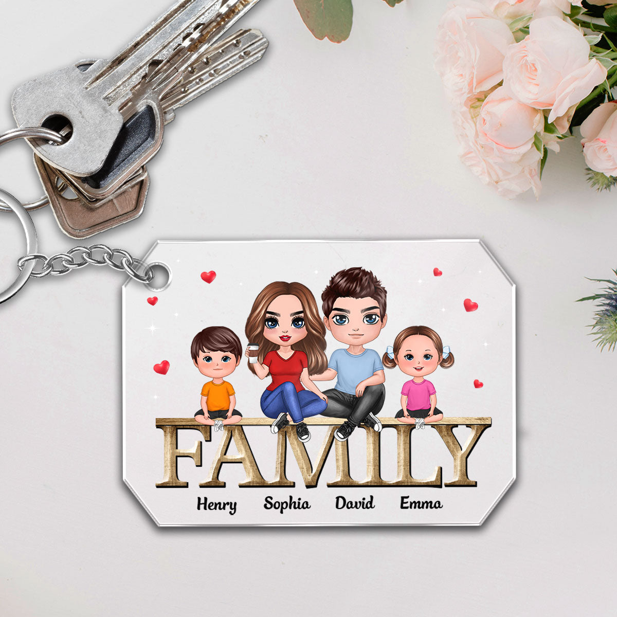 Family Couple Kid Dog Cat Sitting On Word Personalized Acrylic Keychain