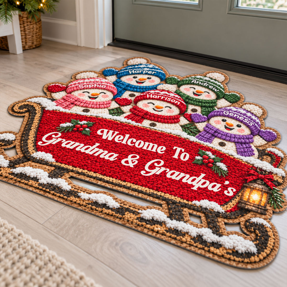 Grandkids Snowman On Sleigh - Personalized Door Mat - Christmas Decor For Grandparents, Family