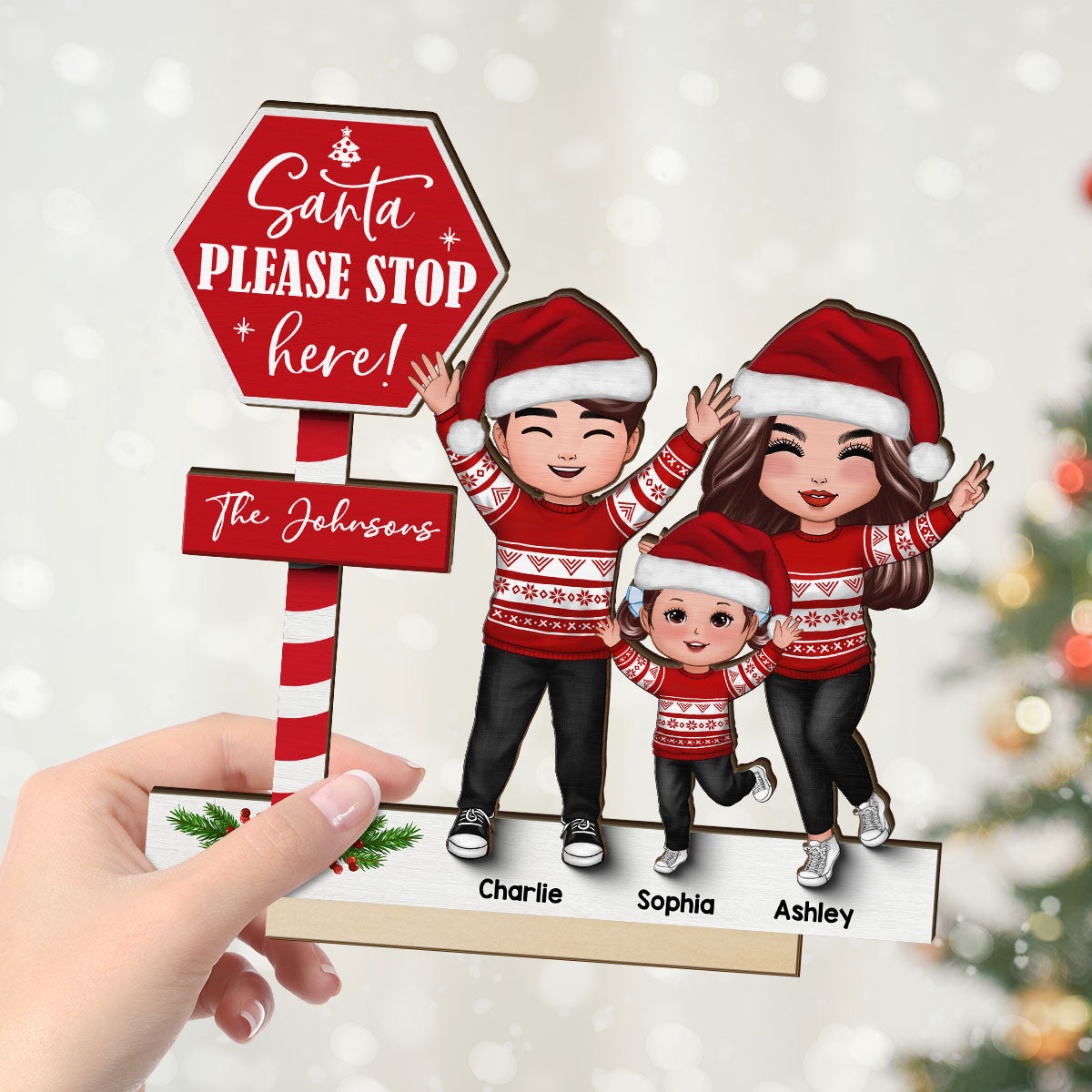 Santa Please Stop Here Family Christmas Decor Personalized 2-Layer Standing Wooden Plaque
