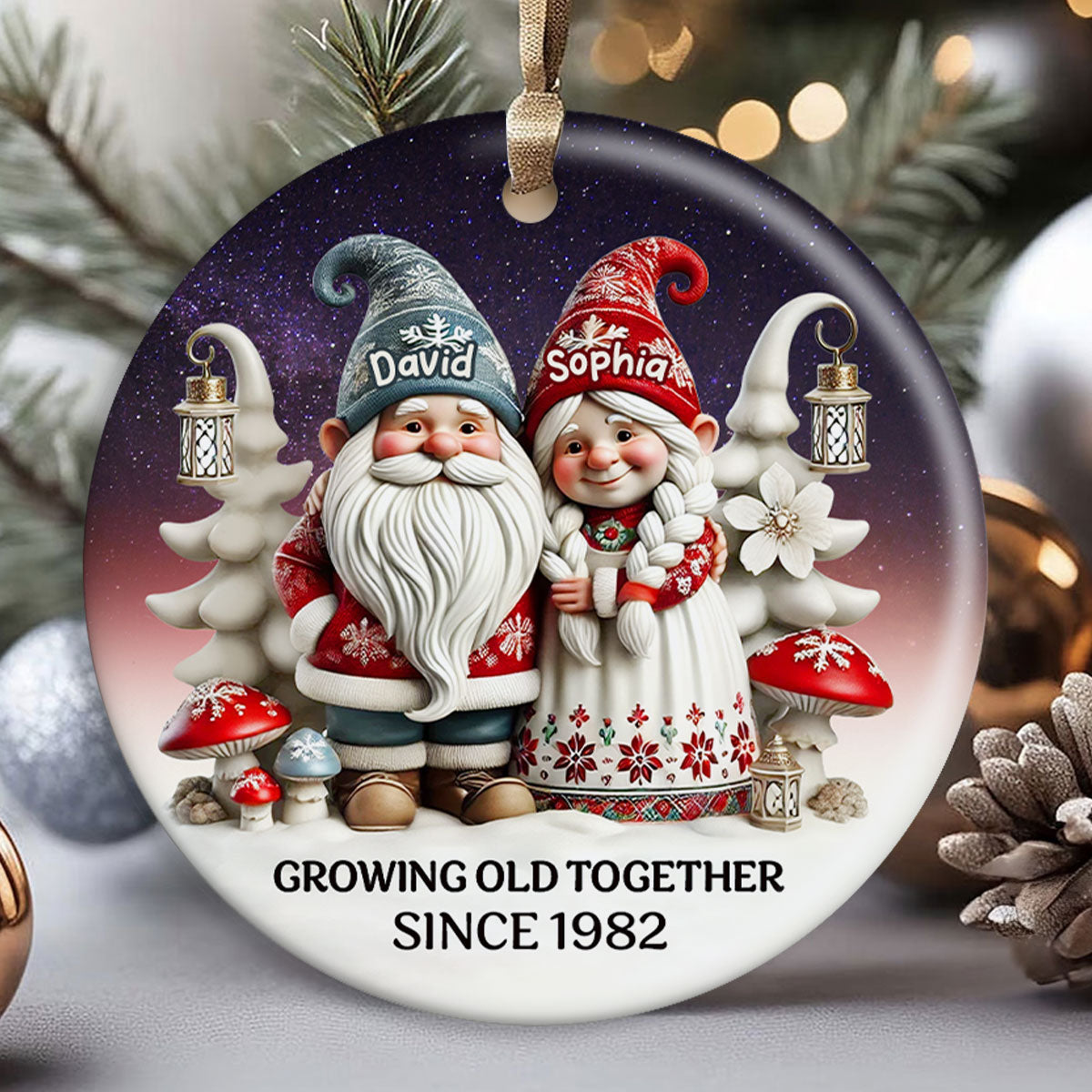 Gnome Couple Together Christmas Personalized Ceramic Ornament, Christmas Gift For Him, For Her, Husband, Wife