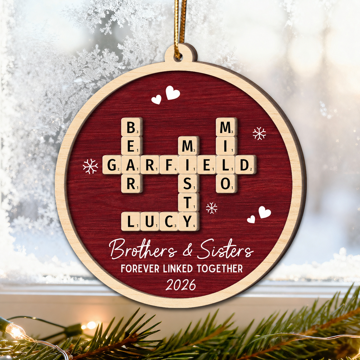 Siblings Forever Linked Together Crossword Puzzle Art - Personalized 2-Layer Wooden Ornament