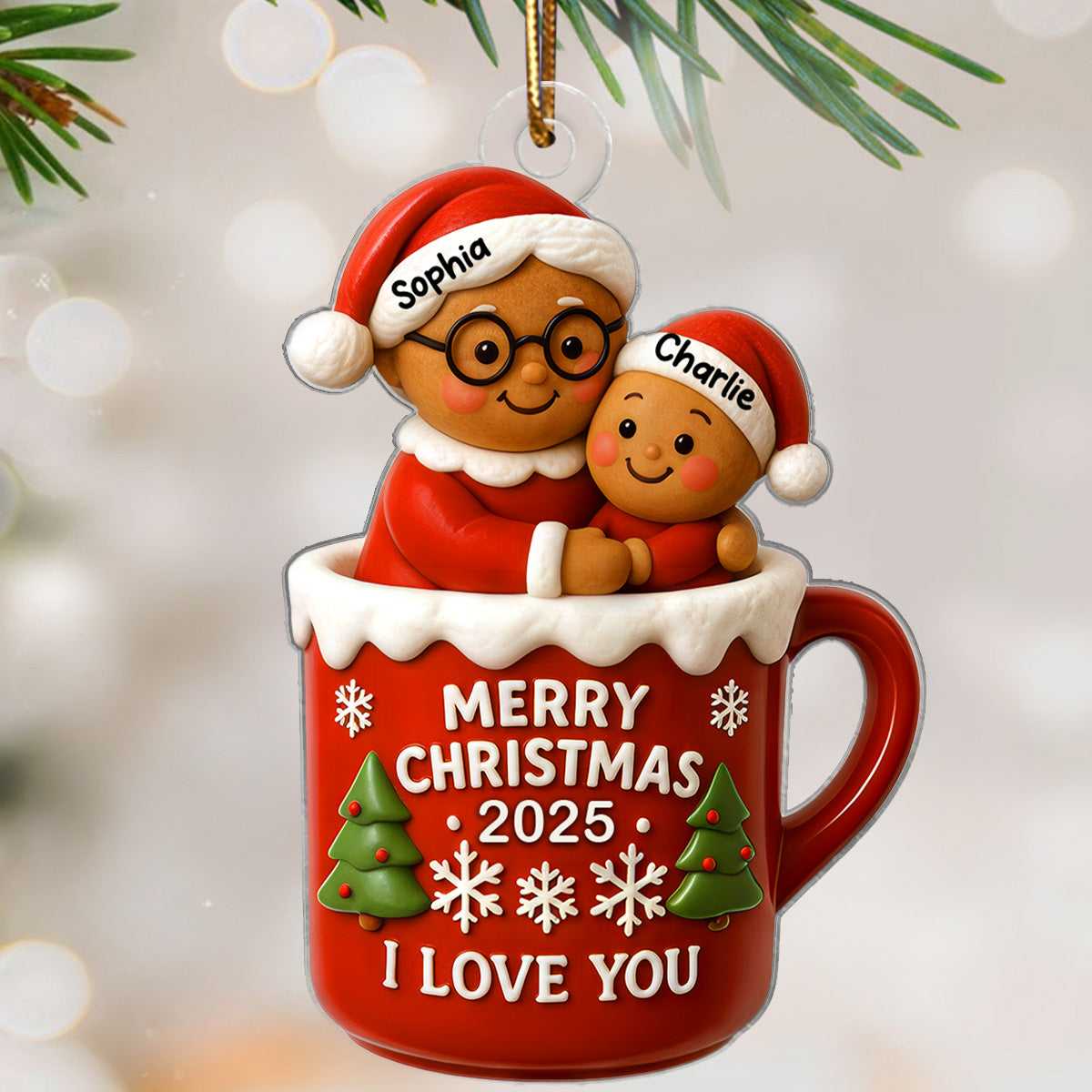 Christmas Gingerbread Grandma Hugging Grandkid In Hot Cocoa Personalized Acrylic Ornament