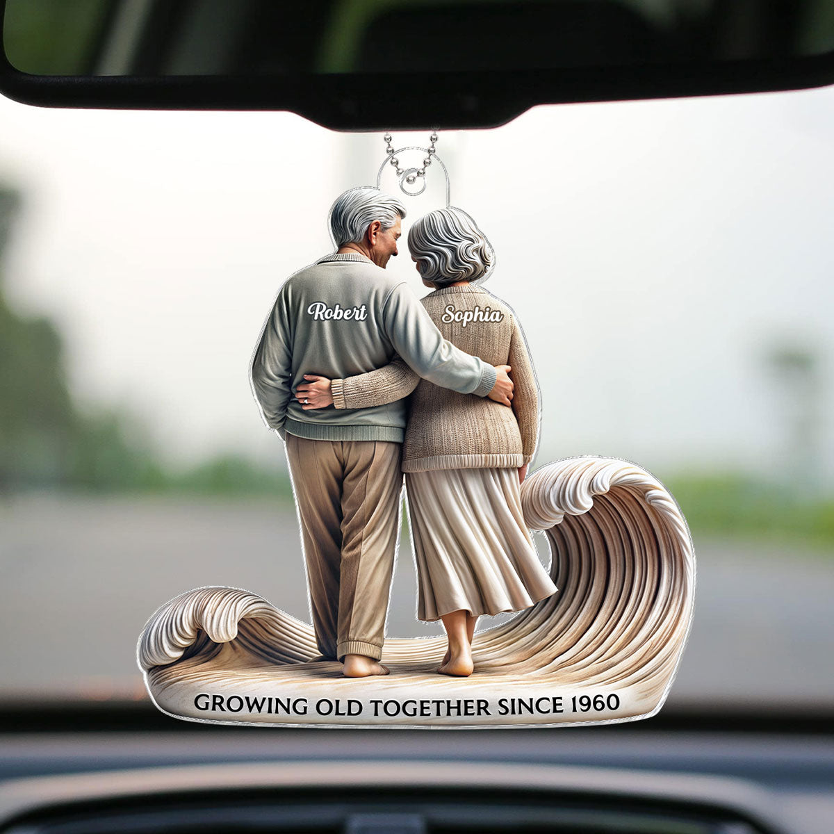 3D Effect Old Couple Embracing Walking Together On The Beach Personalized Car Hanger Ornament, Heartfelt Gift For Couple, For Him, For Her, Husband, Wife