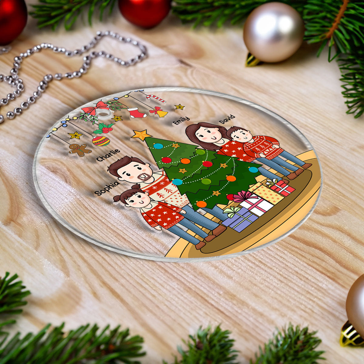 Comic Family Standing Around Christmas Tree Personalized Acrylic Ornament, Christmas Gift For Family