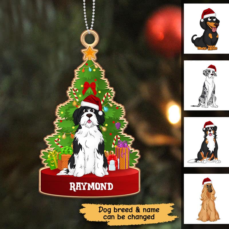 Cute Dog Sitting By Christmas Tree Personalized Wooden Ornament