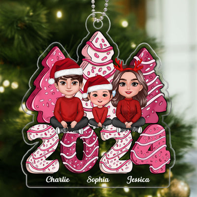 Family Crossed Legs Sitting Pink Christmas Tree Cake Patterned Personalized Acrylic Ornament