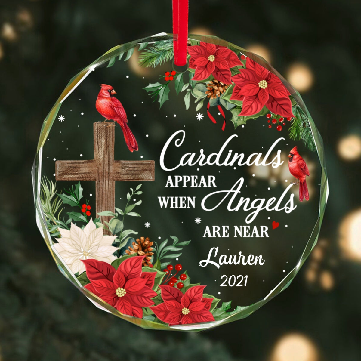 Always With You Cardinal Cross Poinsettia Personalized Glass Ornament, Christmas Gift