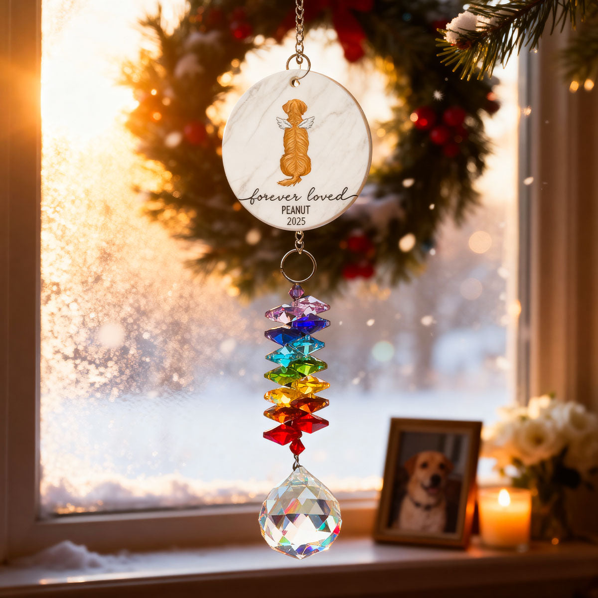 Dog Cat Memorial Forever Loved - Personalized Crystal Suncatcher With Charm - Memorial Remembrance Ornament Keepsake
