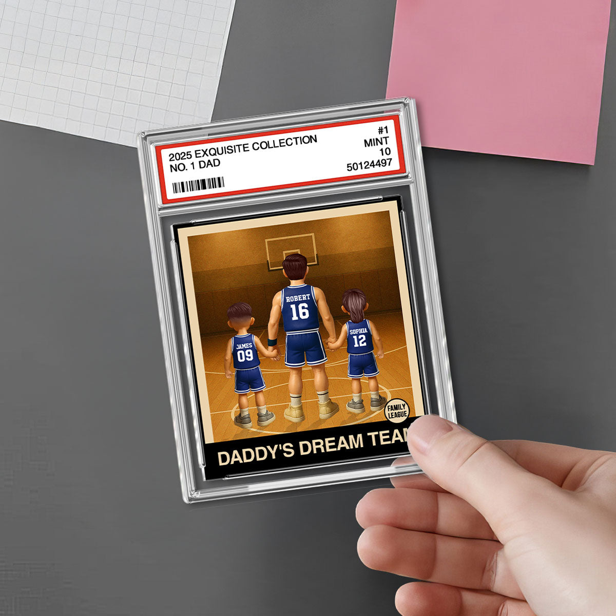 Basketball No. 1 Dad Man & Kids Trading Card Style Personalized Acrylic Fridge Magnet