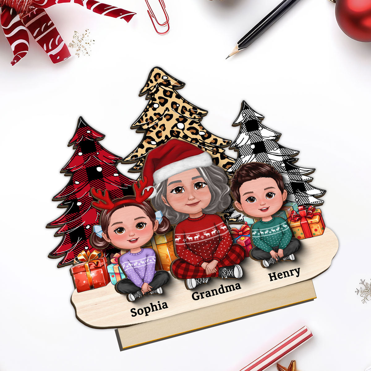 Leopard Checkered Christmas Tree Grandma & Grandkids Tabletop Decor Personalized 2-Layer Standing Wooden Plaque