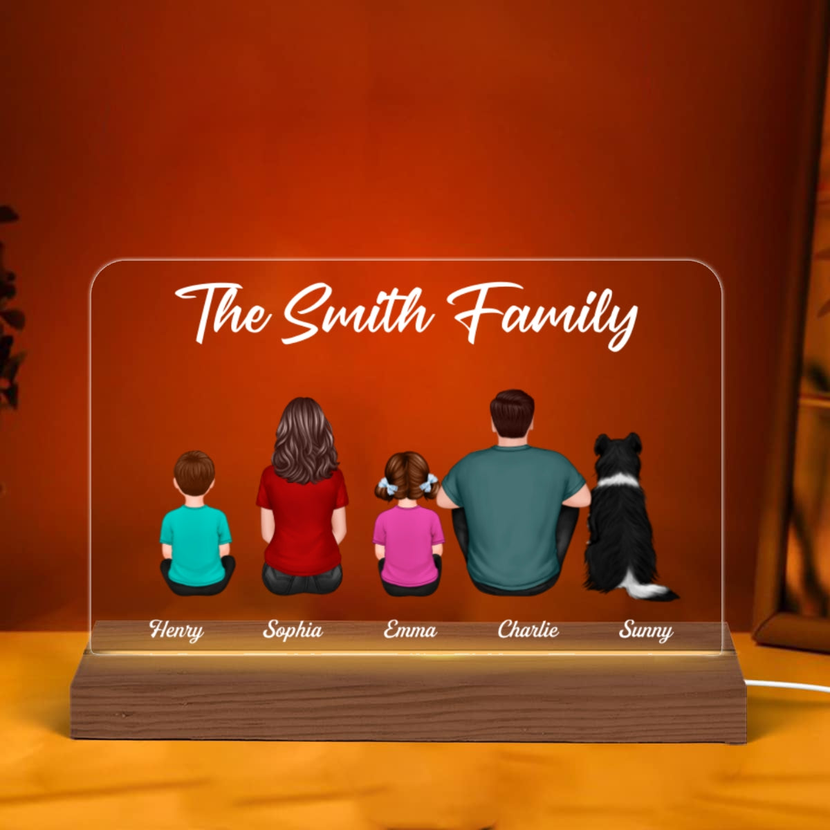 Whole Family Back View Couple Dad Mom Kids Dogs Cats Sitting - Personalized Acrylic LED Night Light