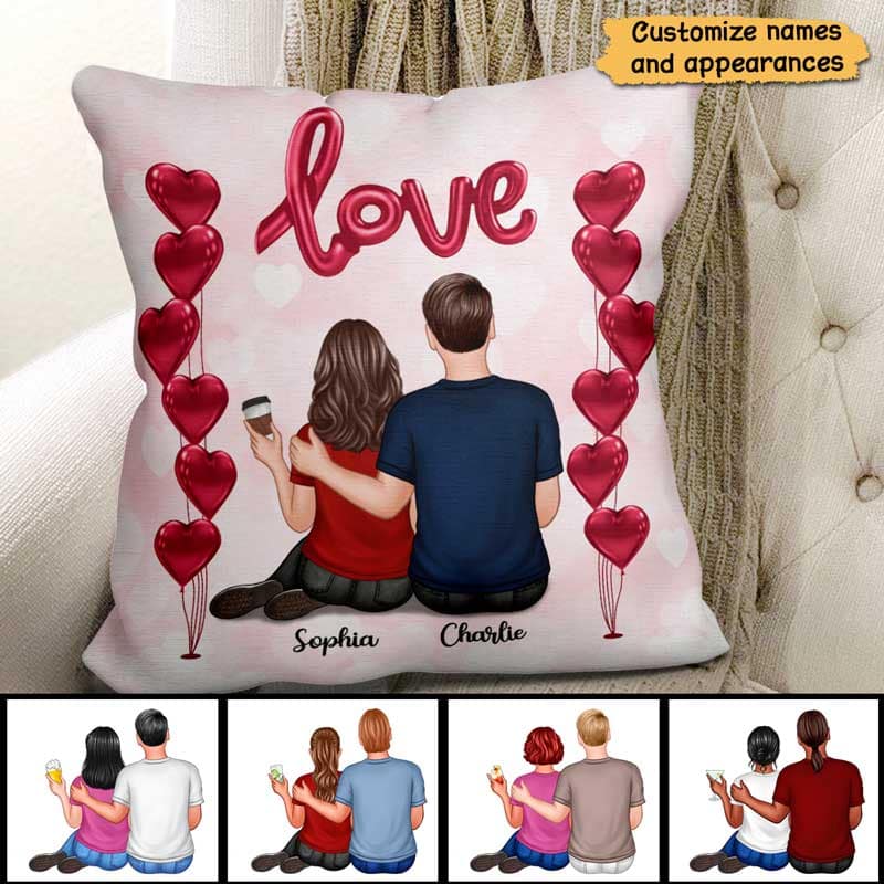 Couple Sitting Back View Love Balloon Personalized Pillow