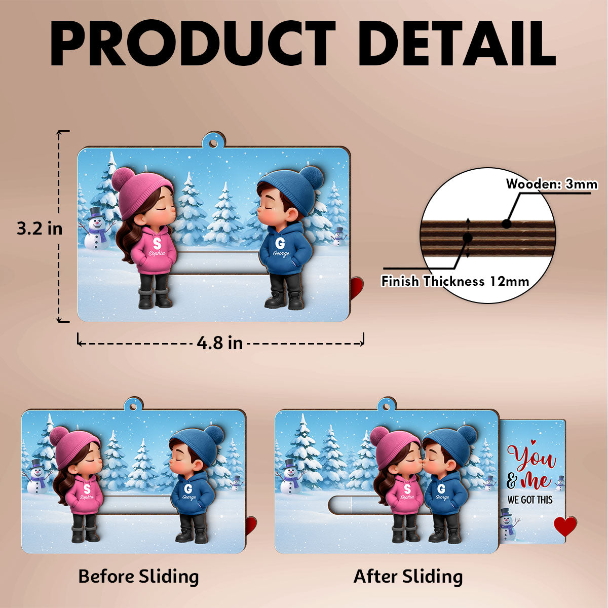 3D Effect Cartoon Couple Kissing - Personalized Slider Ornament - Christmas Gift For Him For Her
