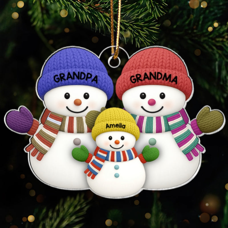 Christmas Grandma Grandpa And Grandkid Snowman Together - Personalized Acrylic Ornament