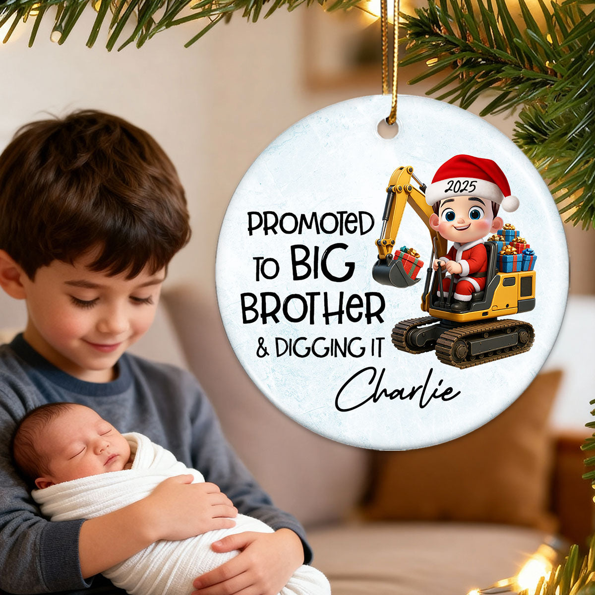 Promoted To Big Brother & Digging It Kid Driving Excavator - Personalized Ceramic Ornament - Proud New Big Brother Gift