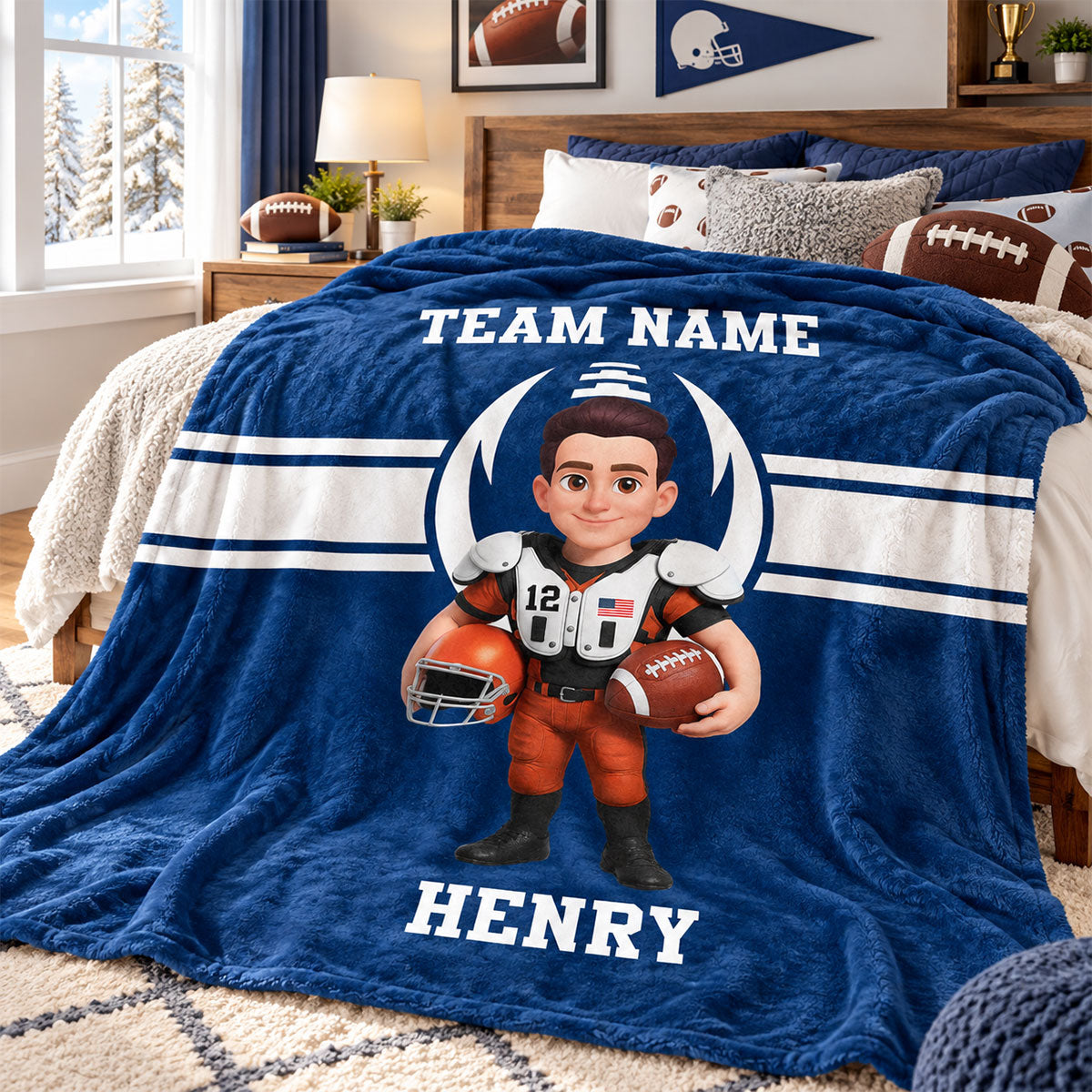 Proud American Football Player Custom Name And Team Name - Personalized Fleece Blanket - Christmas Gift For American Football Players, Grandson, Son