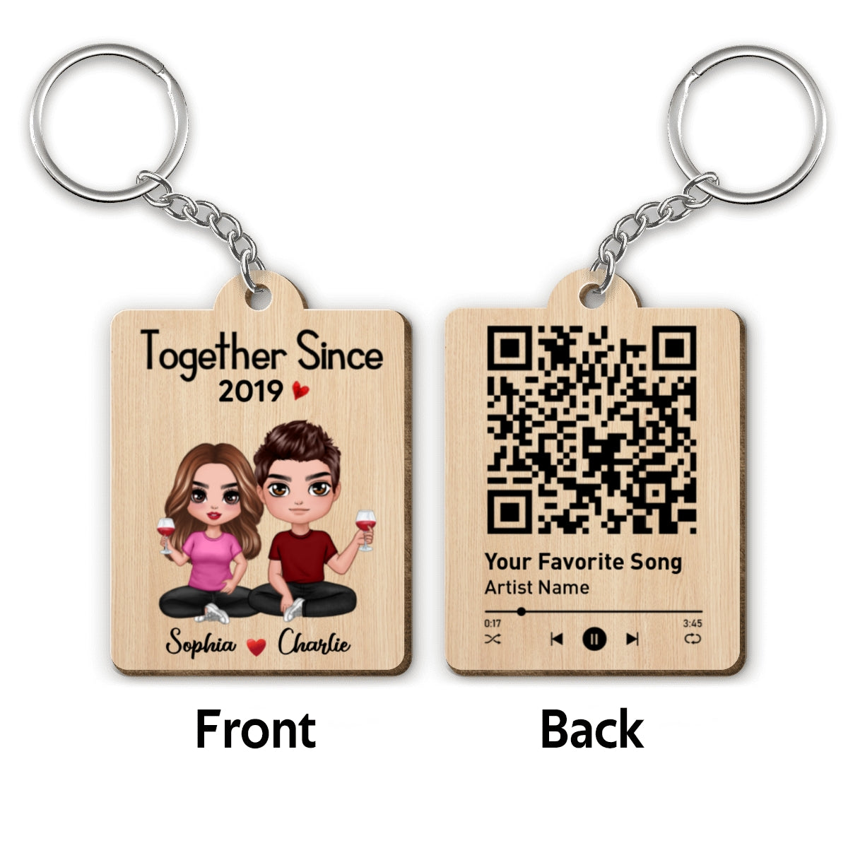 Doll Couple Sitting Favorite Song Scannable QR Code Personalized Wooden Keychain