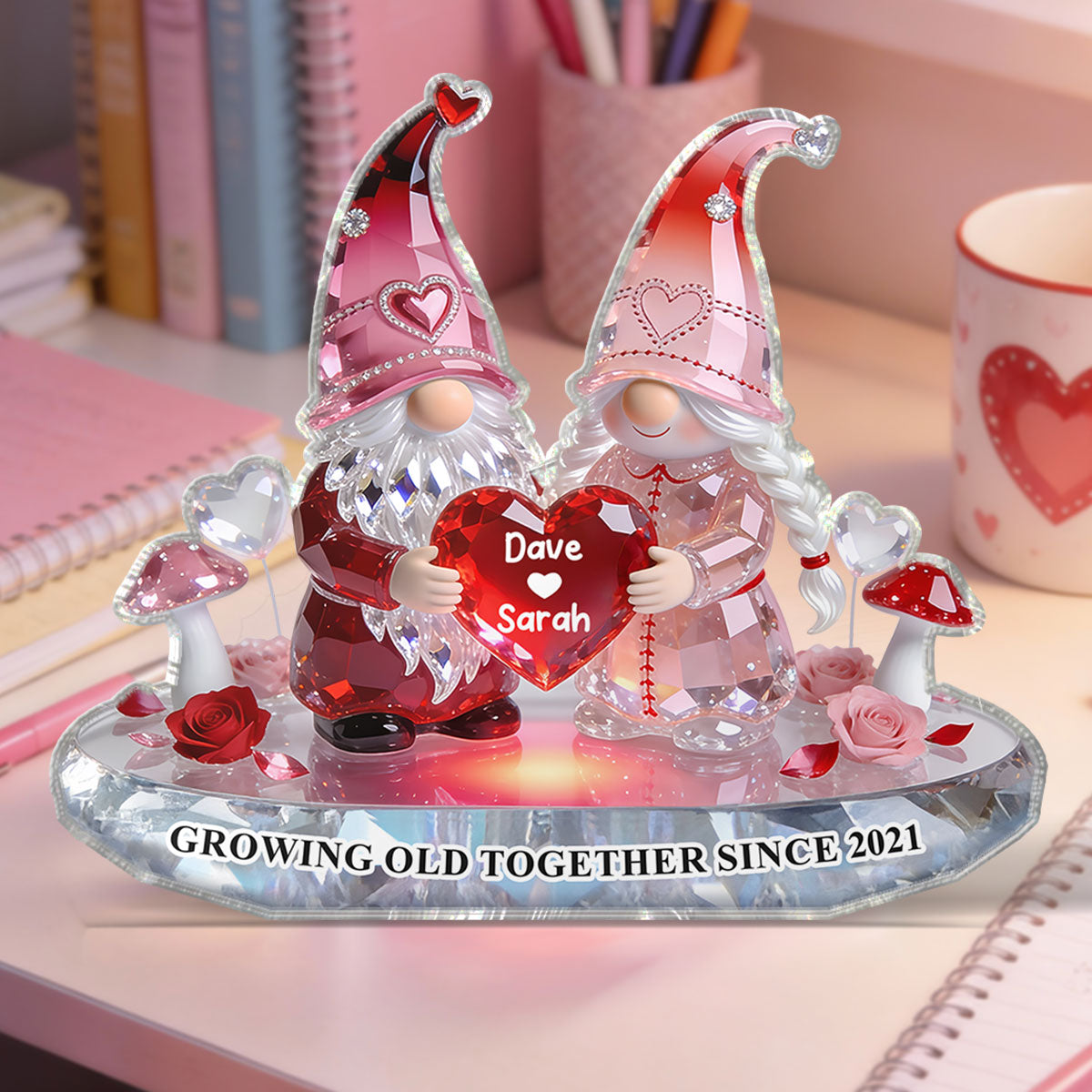 3D Effect Eternal Love Gnome Couple Forever Together - Personalized Acrylic Block Plaque - Gift For Couple, Gift For Him, For Her