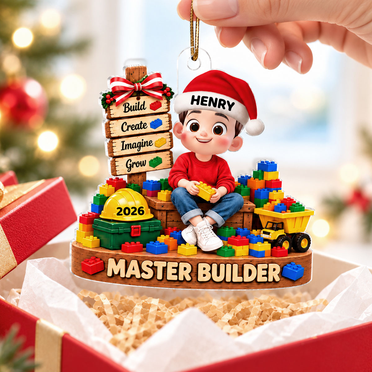 Little Cute Kid Master Builder - Personalized Acrylic Ornament - Christmas Gift For Kids, Son, Grandson, Daughter, Granddaughter
