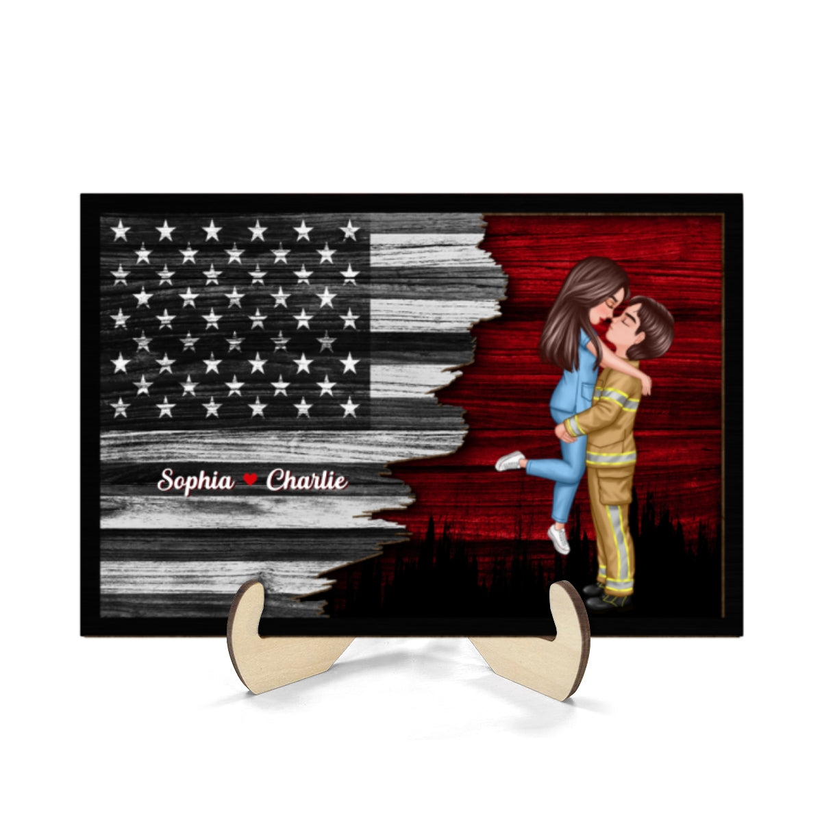 Half Flag Couple Valentine‘s Day Gifts by Occupation Gift For Her Gift For Him Firefighter, Nurse Personalized 2-Layer Wooden Plaque