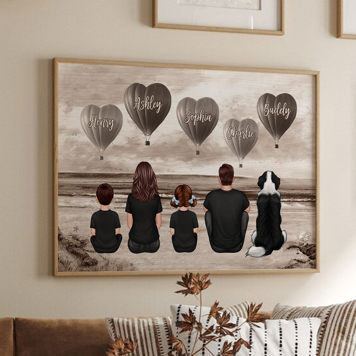 Personalized Family Sitting Back View Heart Air Balloons At Beach Poster, Gift for Family, Dad, Mom, Wife, Husband