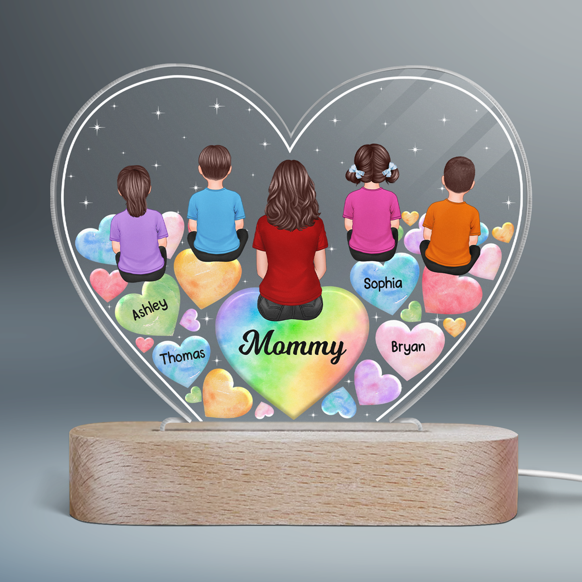Grandma Mom And Kids Sitting Back View Hearts In Heart Personalized Acrylic Heart LED Night Light