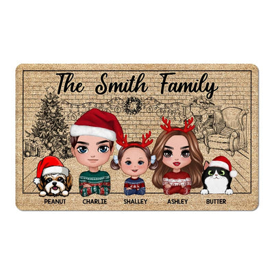 Christmas Sketch Background Family Dad Mom Kids Dogs Cats Personalized Doormat