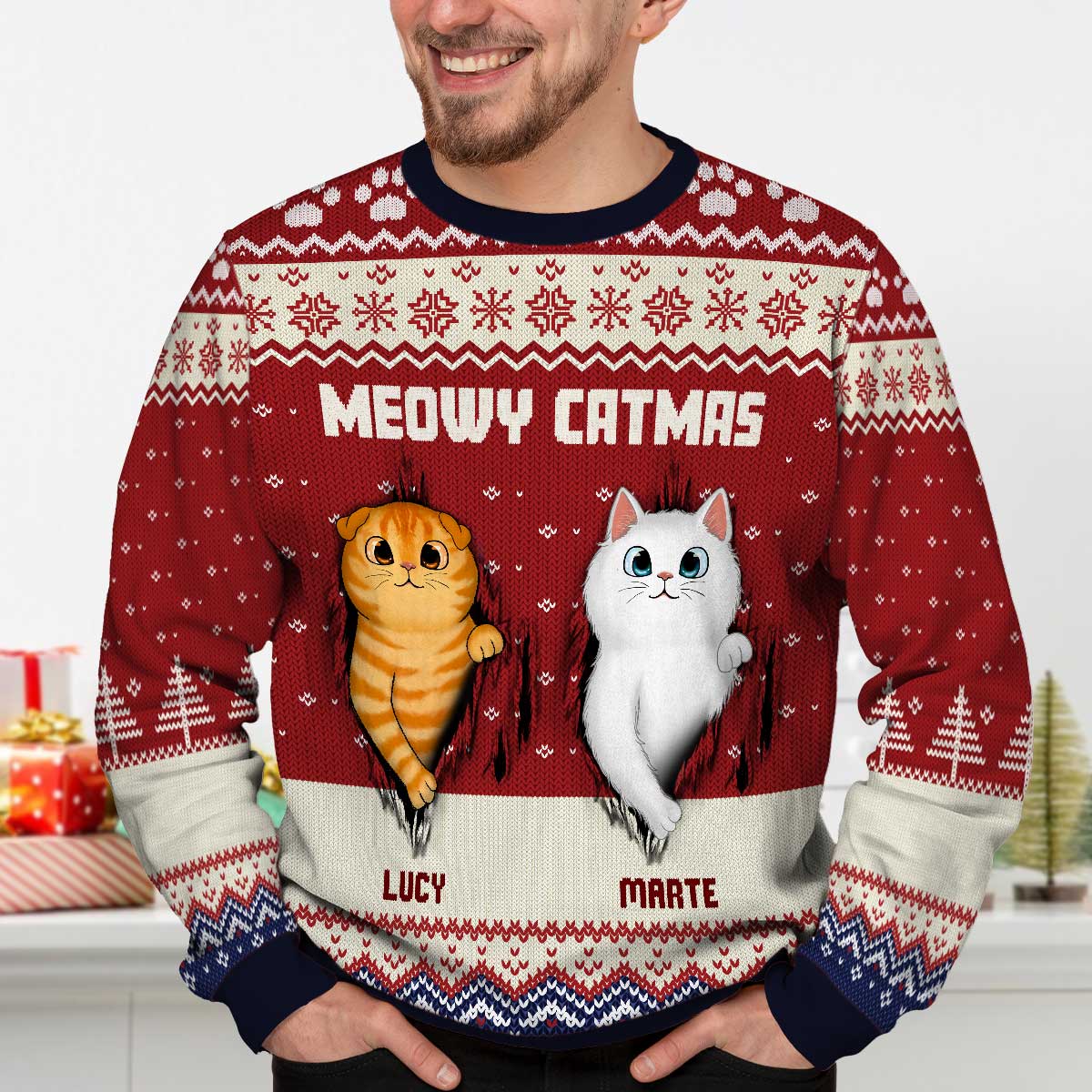 Fluffy Cat Tearing Funny Gift For Cat Lover Personalized Faux Knit Ugly Sweater