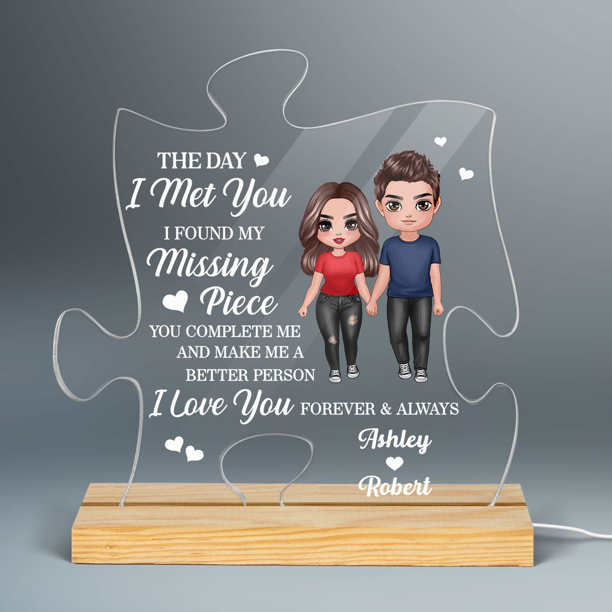 Doll Couple Standing You‘re The Missing Piece Personalized Puzzle Shaped Acrylic Plaque With LED Night Light - Gift For Him - Gift For Her