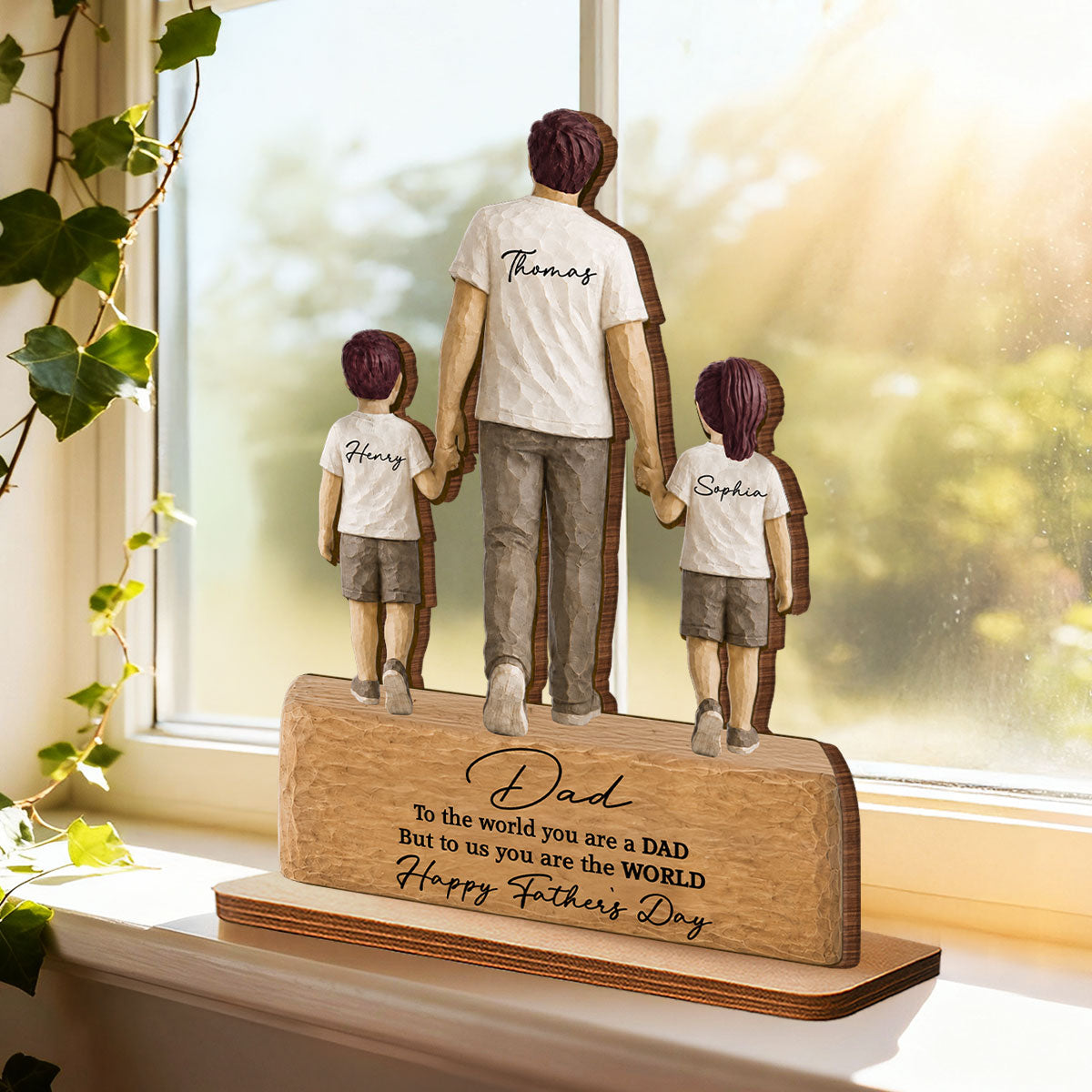 Sentimental Rustic Dad And Kids Walking - Personalized 2-Layered Wooden Plaque - Heartfelt Father's Day Gift For Dad, Husband