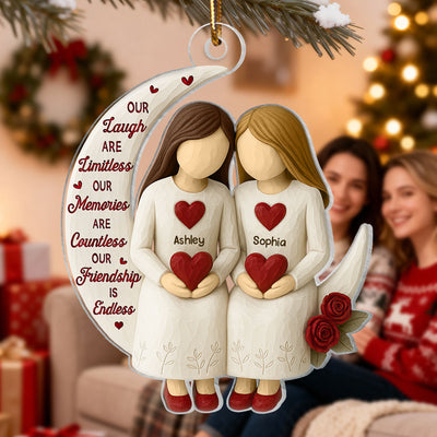 3D Effect Roses Besties On Moon - Personalized Wooden Ornament - Christmas Gift For Best Friends