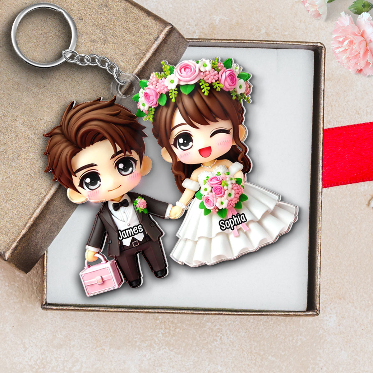 3D Effect Wedding Cartoon Chibi Couple Personalized Acrylic Keychain, Gift for him, Gift for her